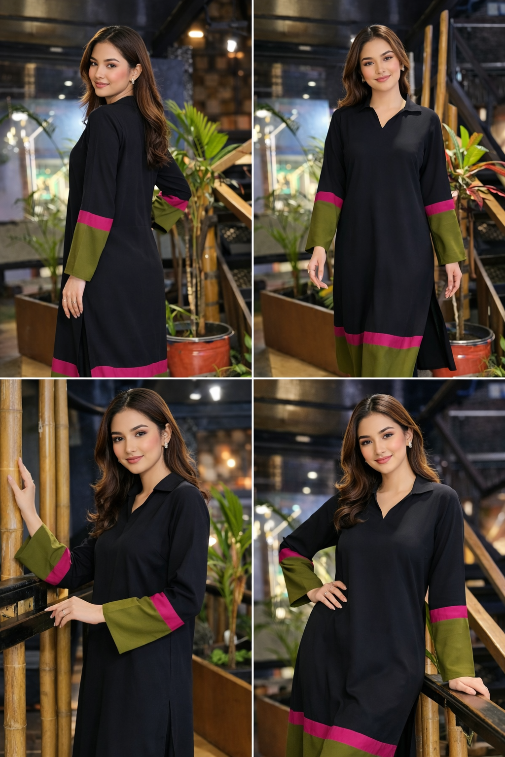 Block Kurta Set with Olive & Magenta Accents