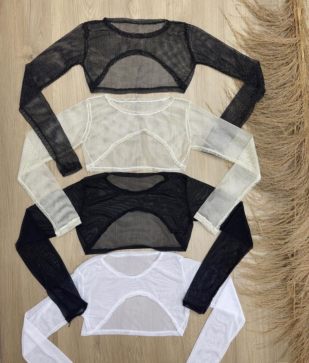 Black Sheer Mesh Long Sleeve Crop Overlay Upper