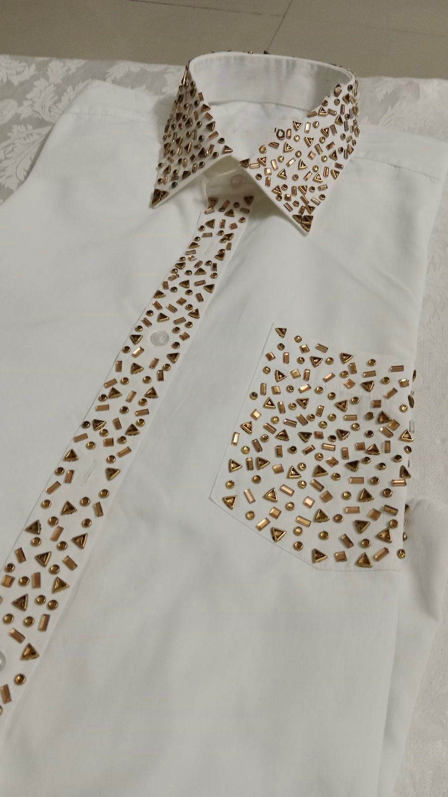Luxury 3D Gold Stone Embellished White Shirt – Premium Statement Edition