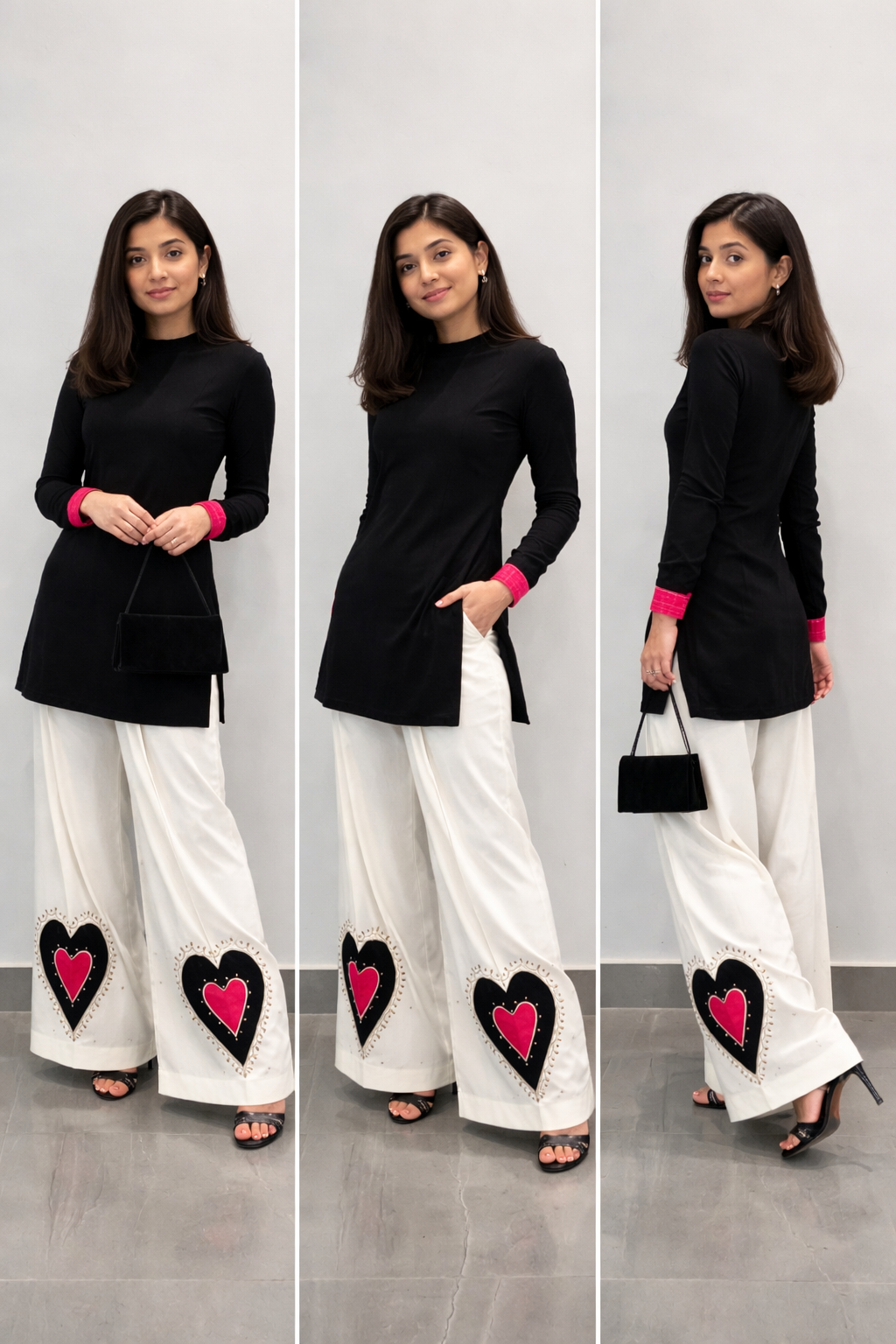 Midnight Heart Palazzo Set – Chic Black Tunic with Statement Heart Pants
