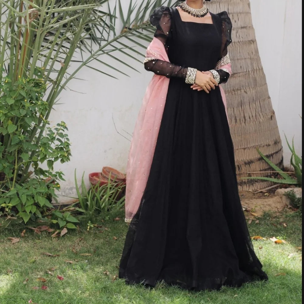 Black Anarkali with Soft Pink Net Dupatta