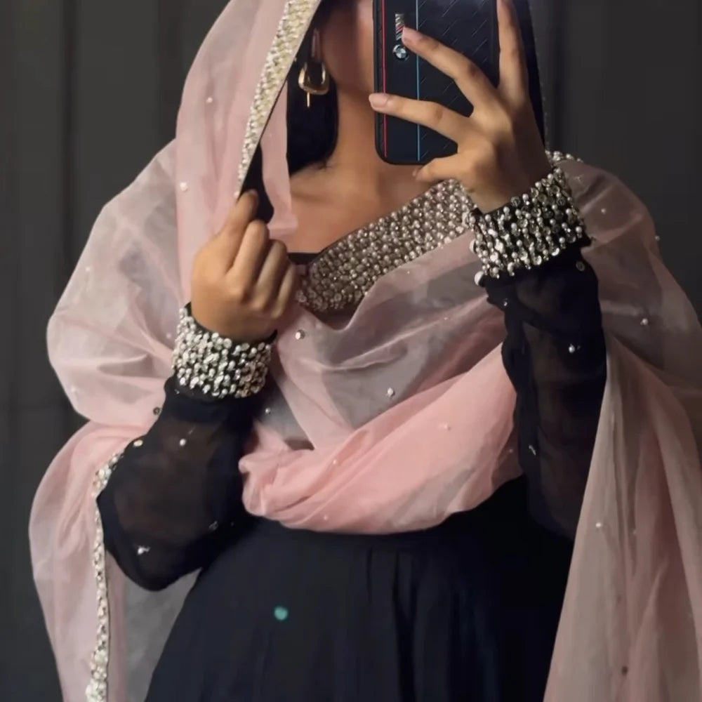 Black Anarkali with Soft Pink Net Dupatta