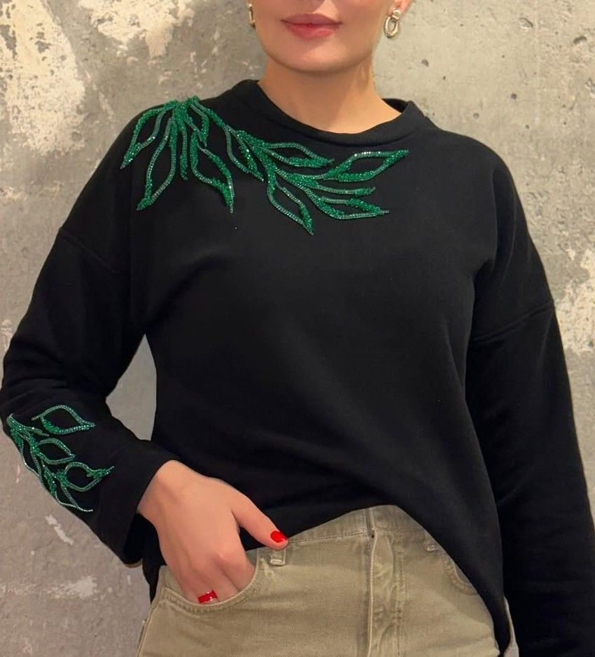 Black Emerald Embellished Sweatshirt