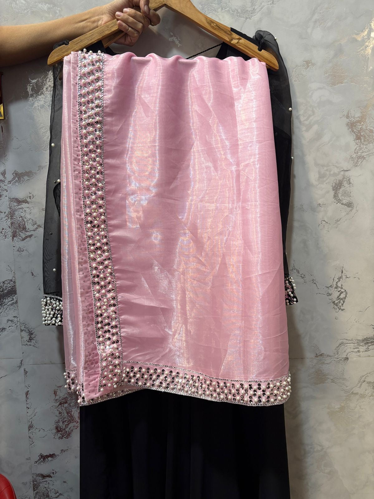 Black Anarkali with Soft Pink Net Dupatta