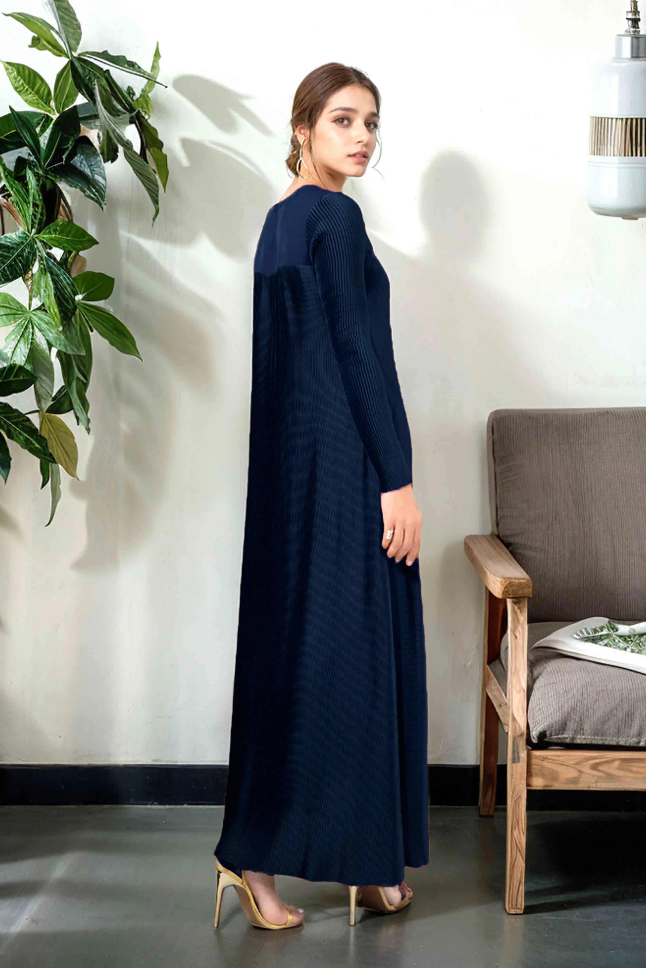 Navy Blue Plated Maxi With Hand Embellishment