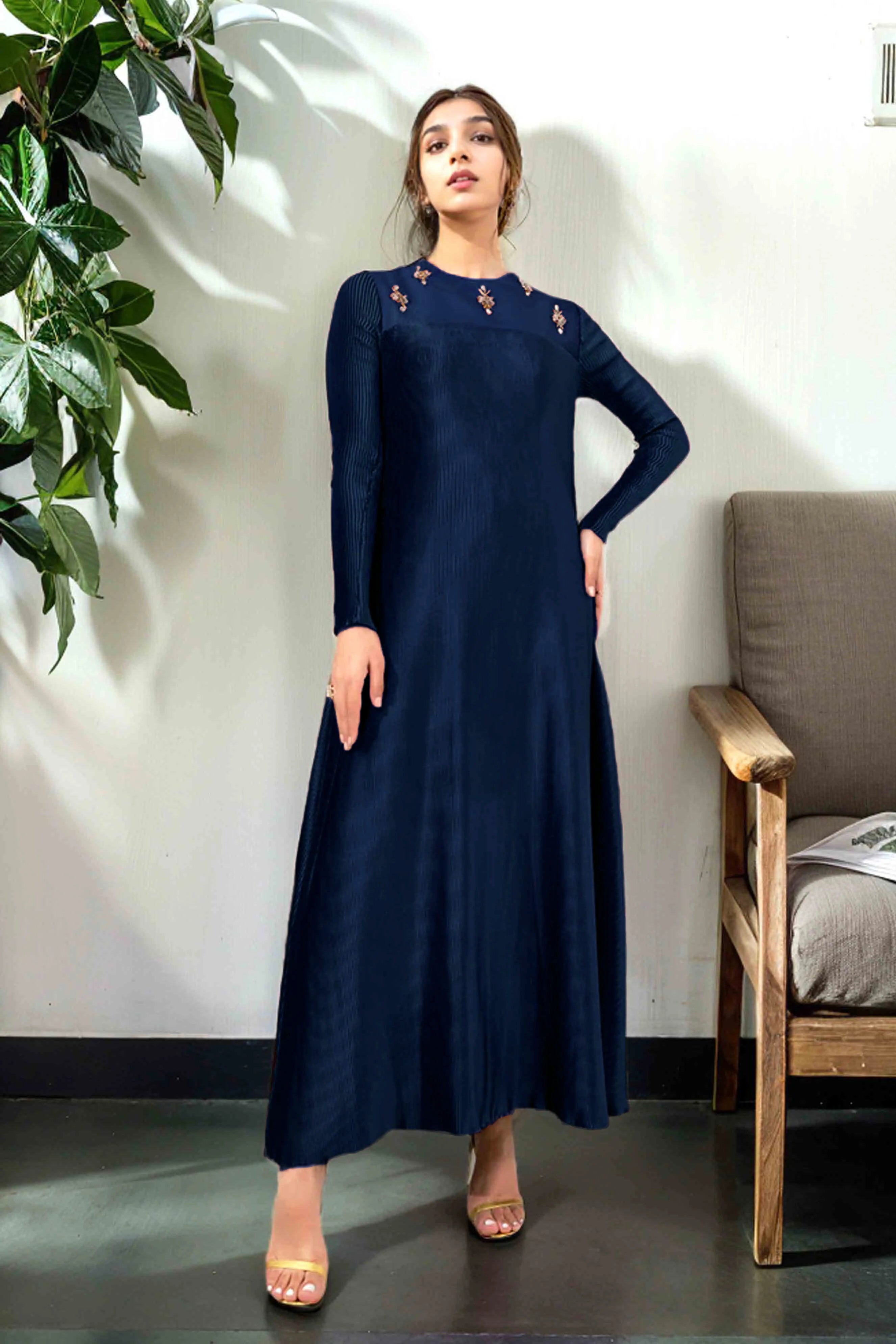 Navy Blue Plated Maxi With Hand Embellishment