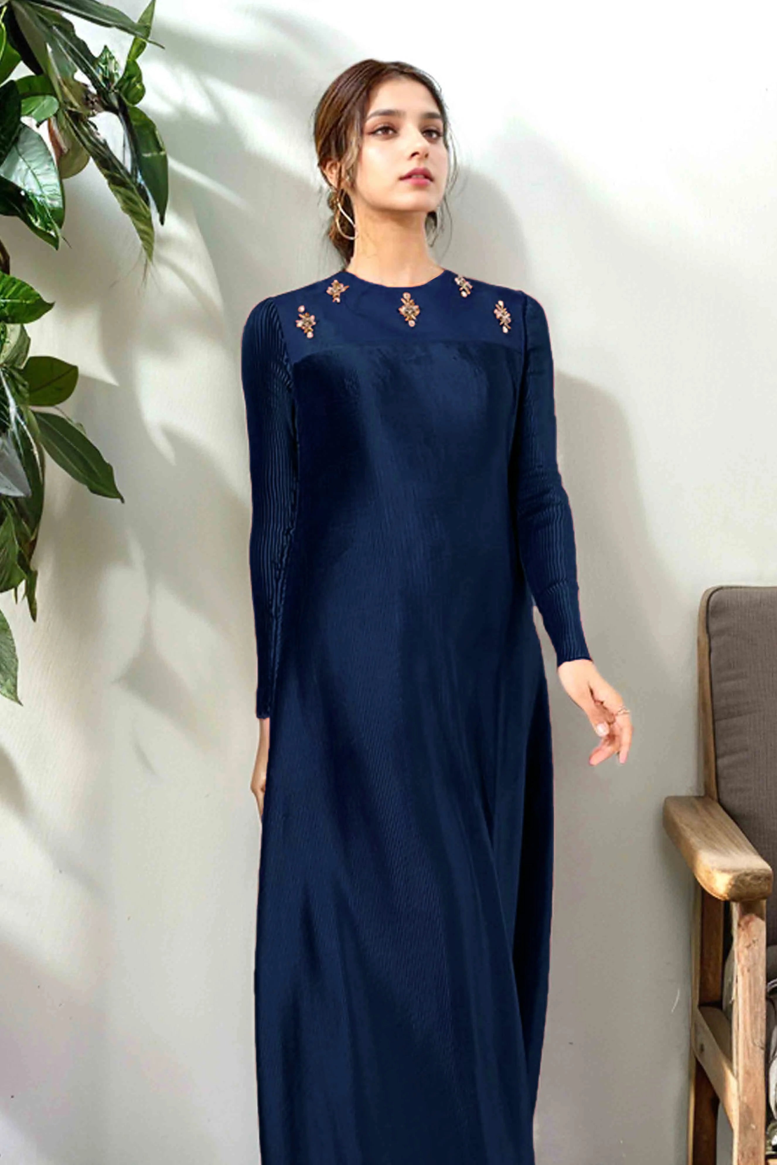 Navy Blue Plated Maxi With Hand Embellishment
