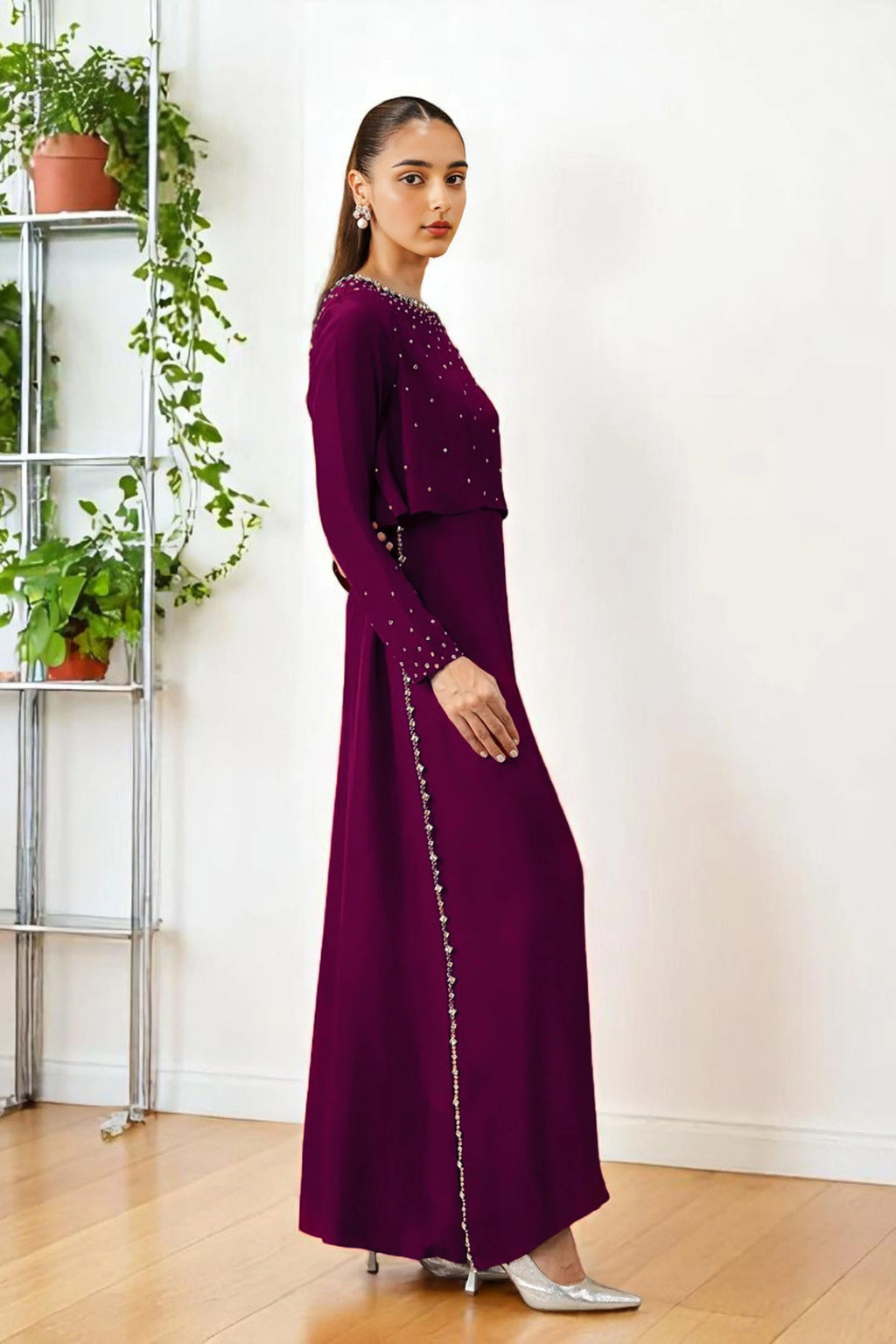 Plum Color Crop Top & Dress With Crystal Hand Embellishment