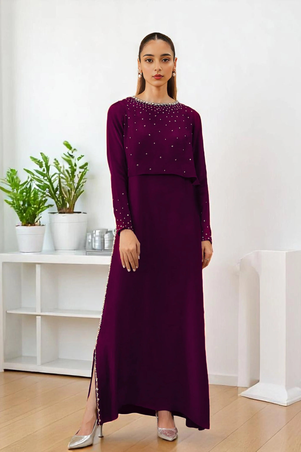 Plum Color Crop Top & Dress With Crystal Hand Embellishment