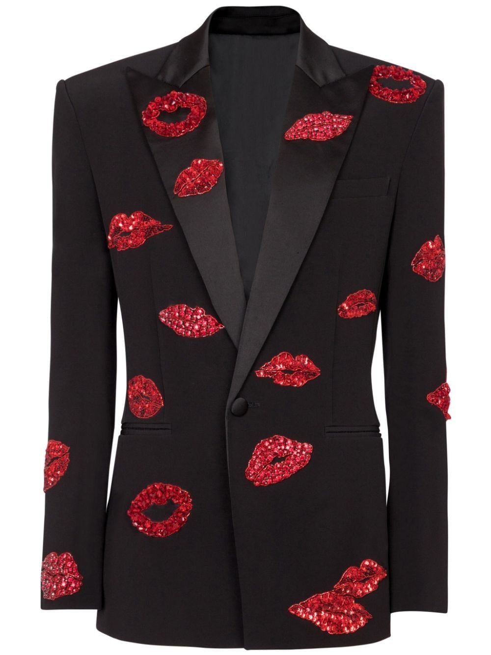 Black Statement Blazer with Red stone Lips Embellishment