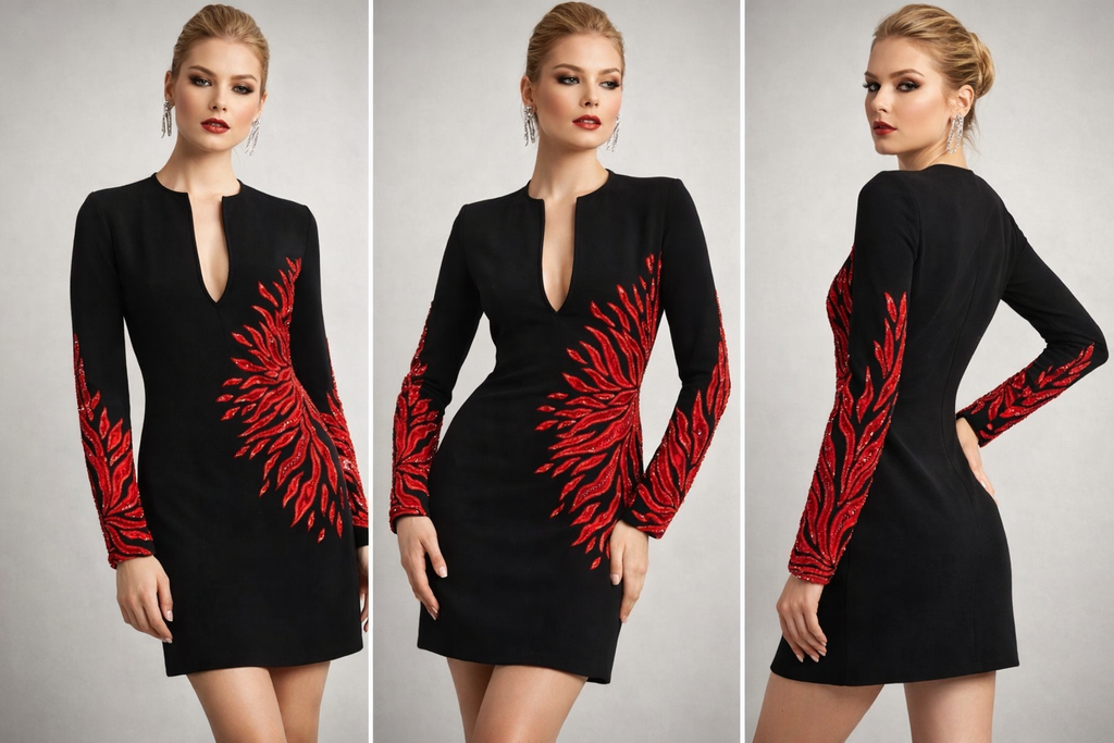 Midnight Flame Embellished Black Mini Dress