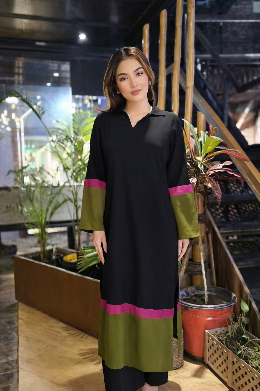 Block Kurta Set with Olive & Magenta Accents