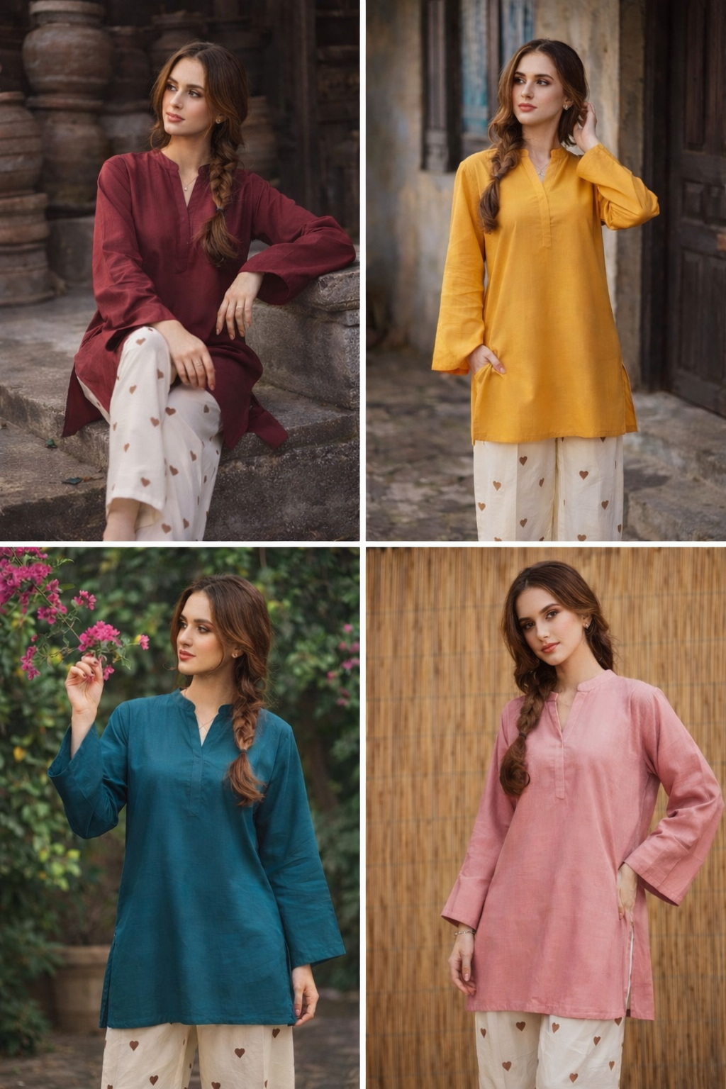 Elegant Solid Kurta with Heart Print Wide-Leg Pants – 2PC Chic Casual Set