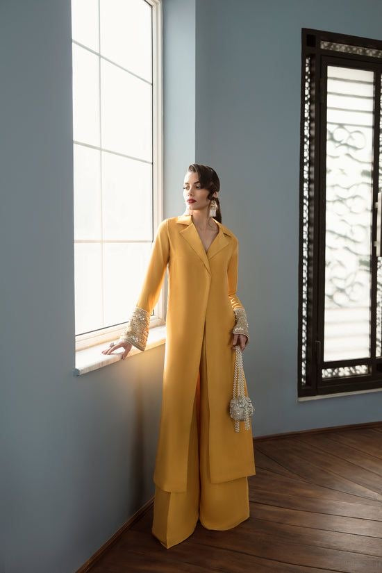 Mustard Luxe Embellished Long Coat Set