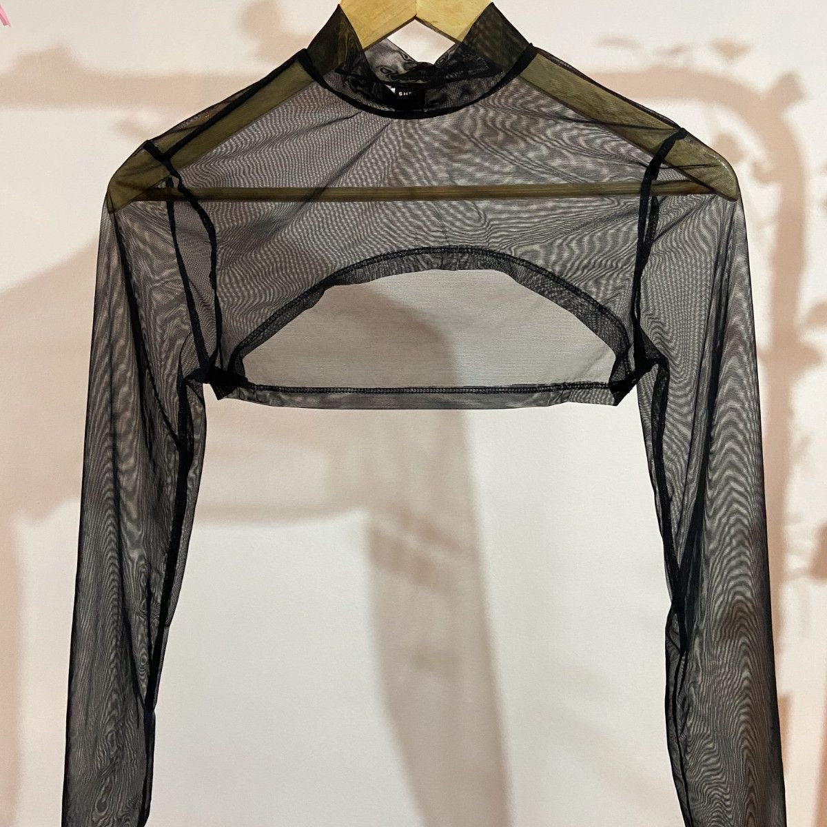 Black Sheer Mesh Long Sleeve Crop Overlay Upper