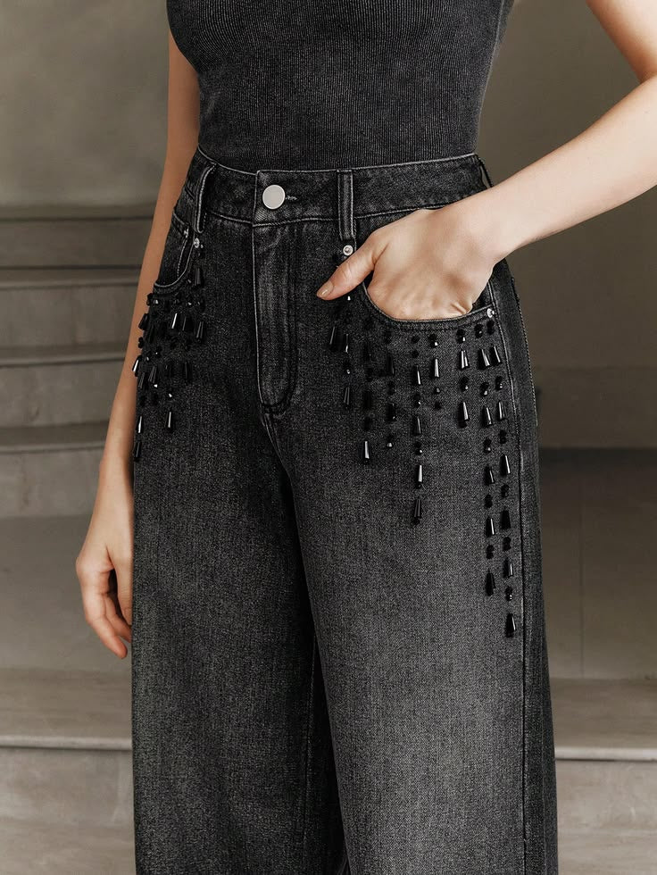 Black Wide-Leg Denim Jeans with Beaded Detailing