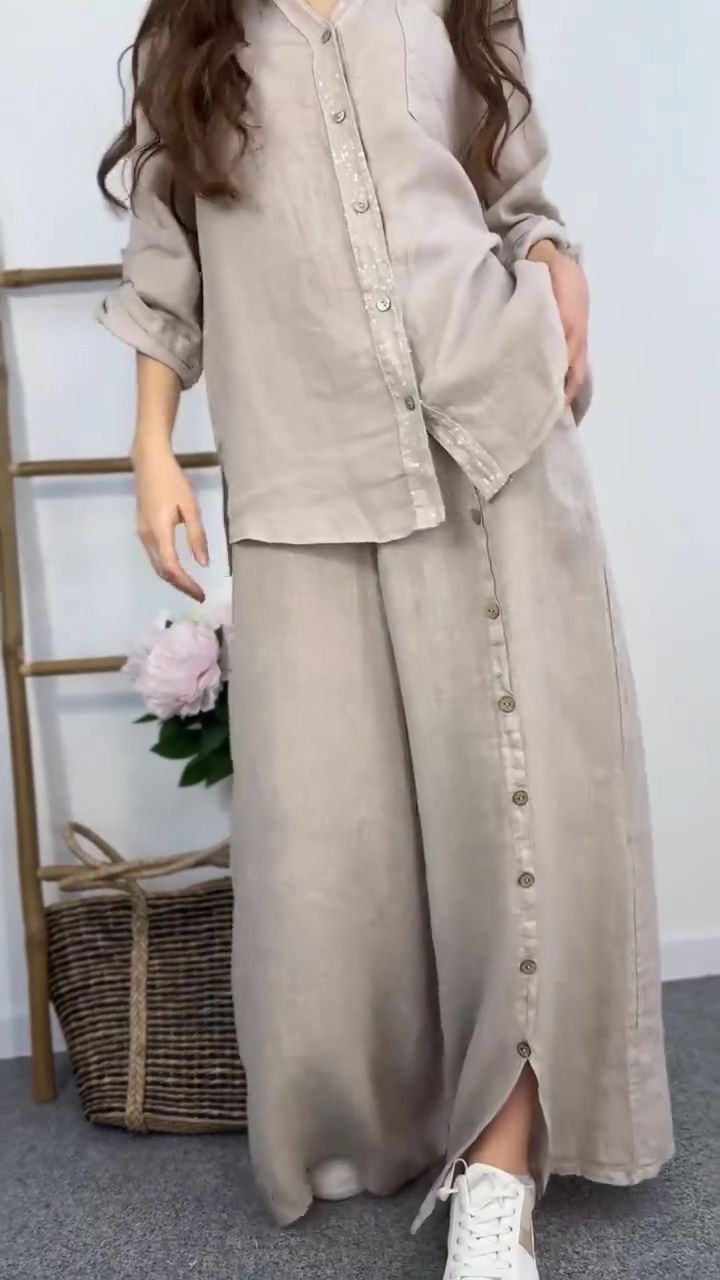 Taupe Breeze Linen Shirt & Palazzo Set