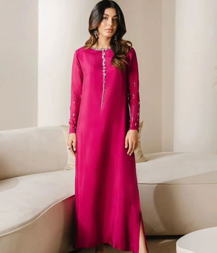 Pink Embellished Silk Long Dress