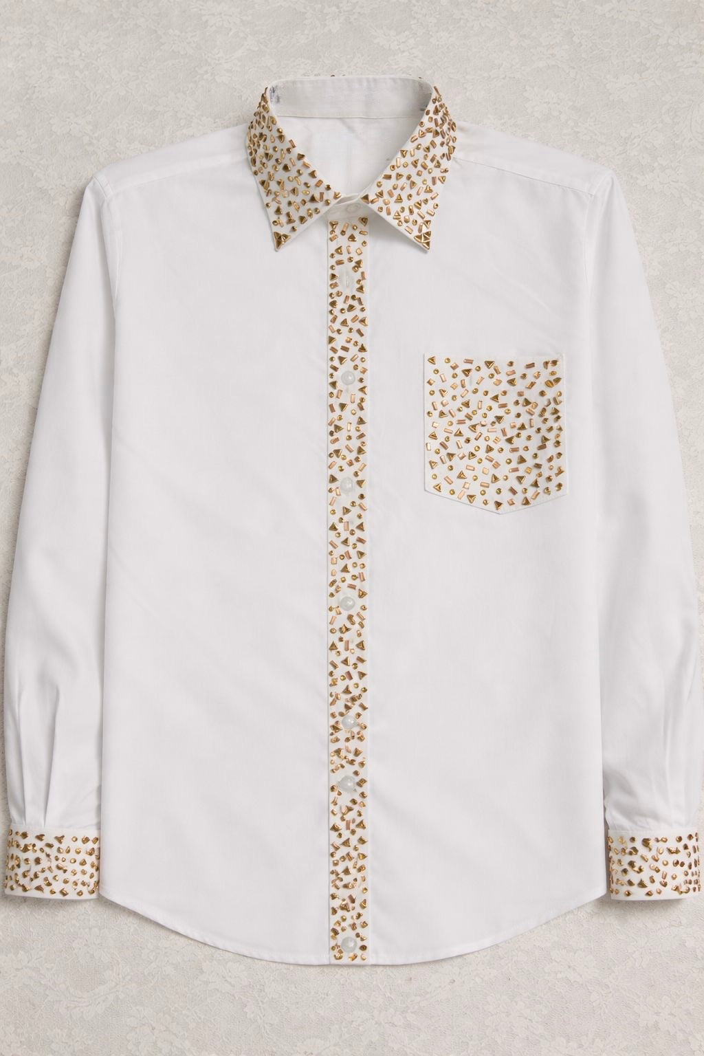 Luxury 3D Gold Stone Embellished White Shirt – Premium Statement Edition