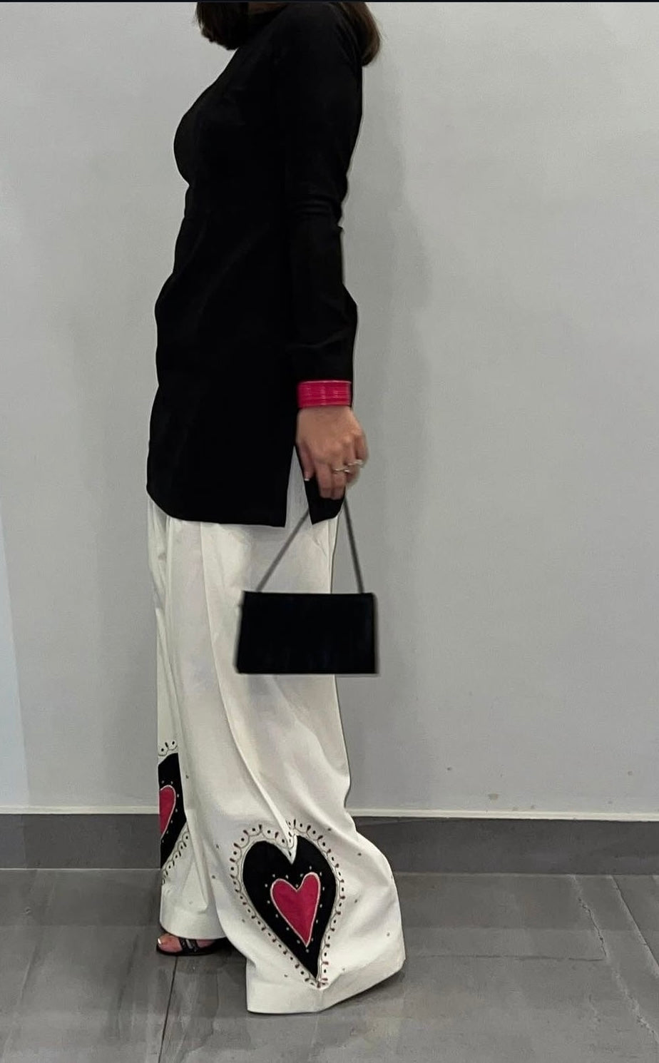 Midnight Heart Palazzo Set – Chic Black Tunic with Statement Heart Pants