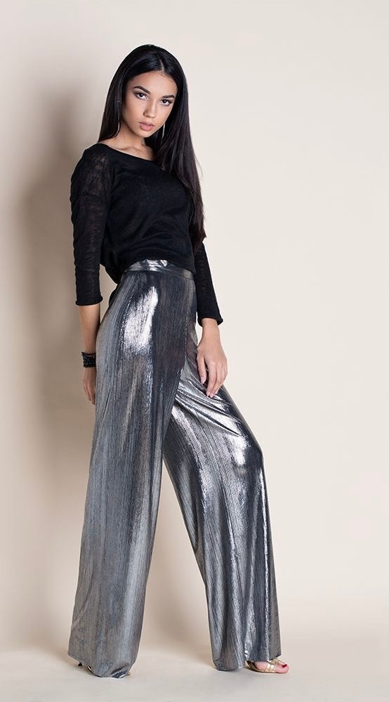Metallic Silver High-Waist Wide-Leg Pants