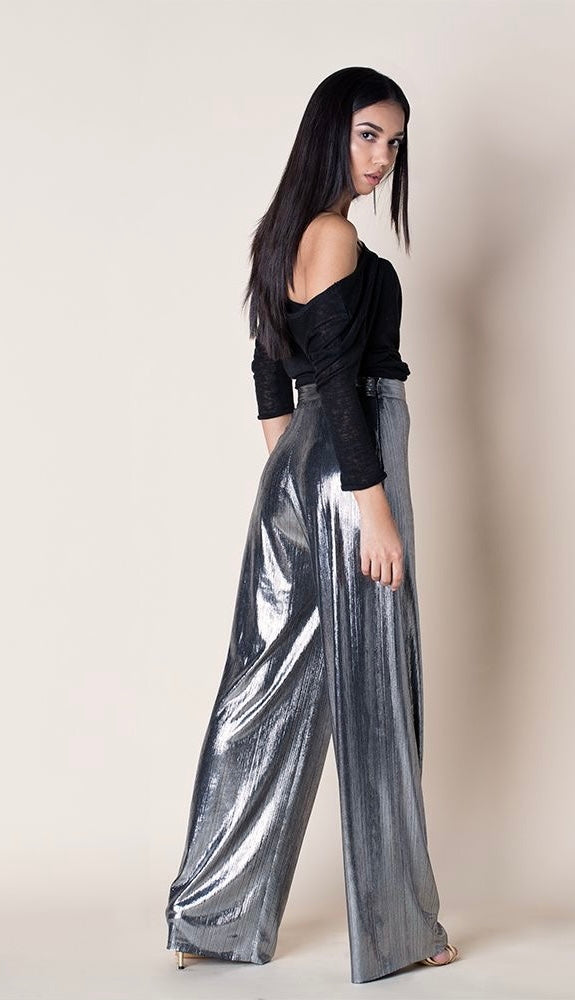 Metallic Silver High-Waist Wide-Leg Pants