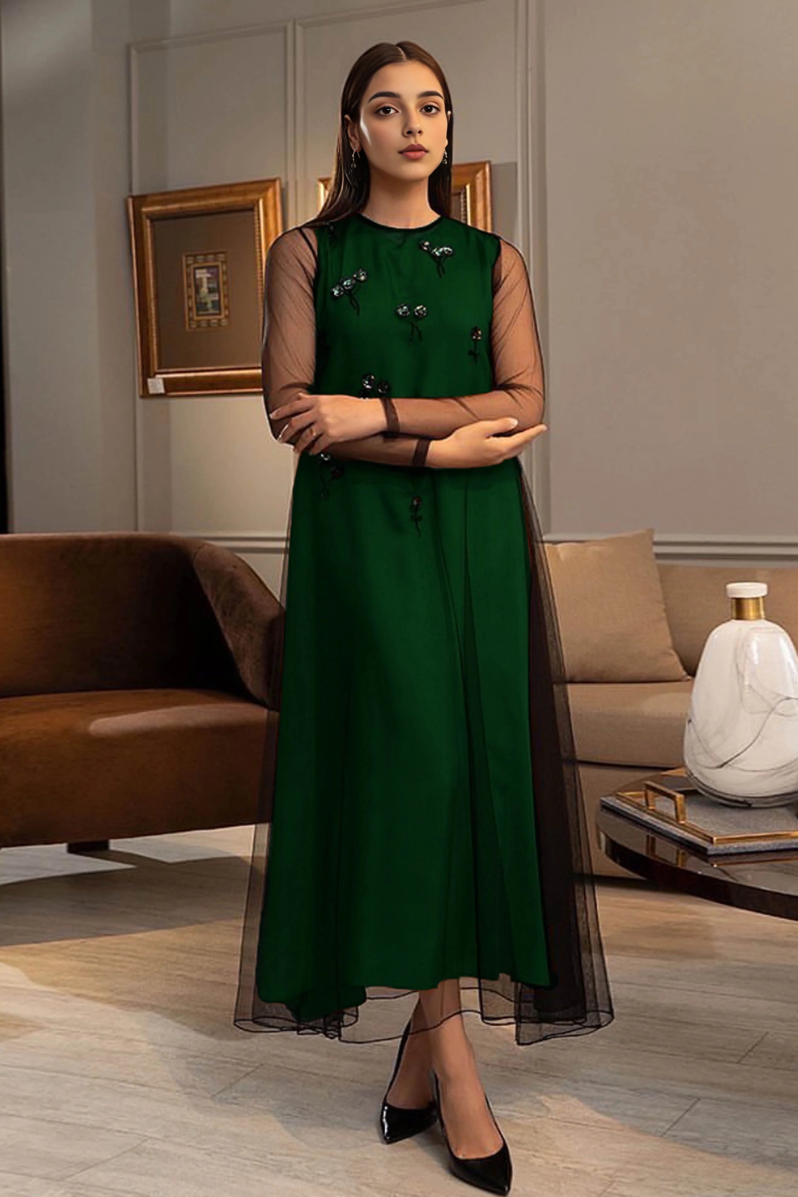 Green Silk & Net Dress With Hand Embellishment