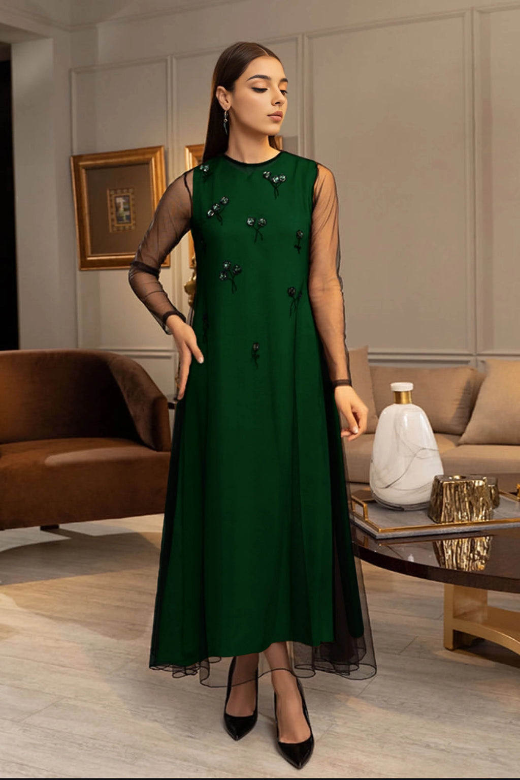 Green Silk & Net Dress With Hand Embellishment