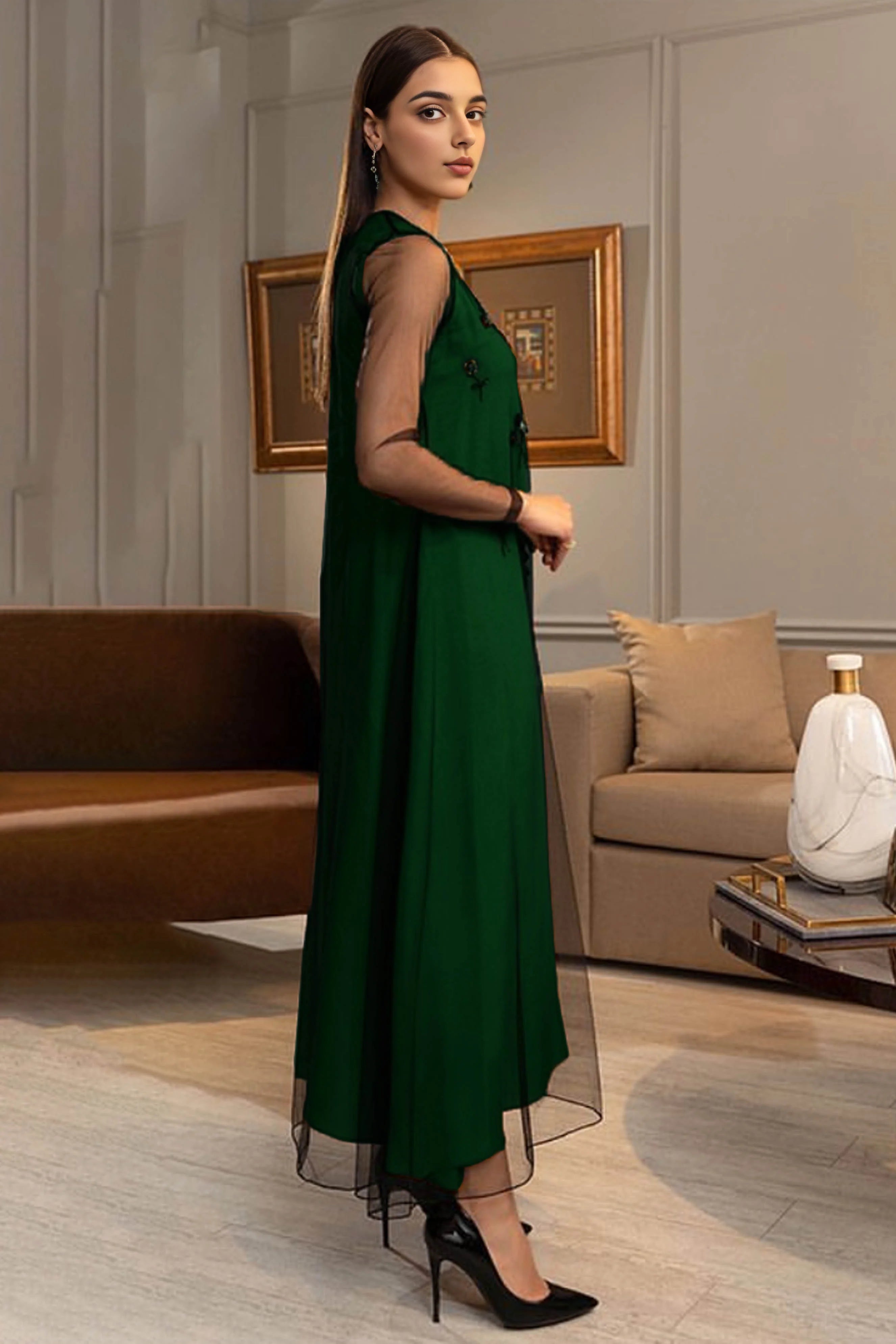 Green Silk & Net Dress With Hand Embellishment