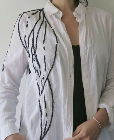 White Statement Shirt with Black Hand-Embroidered Leaf Design