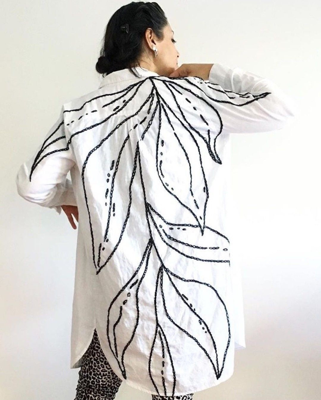 White Statement Shirt with Black Hand-Embroidered Leaf Design