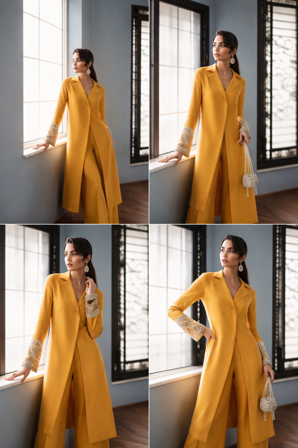 Mustard Luxe Embellished Long Coat Set