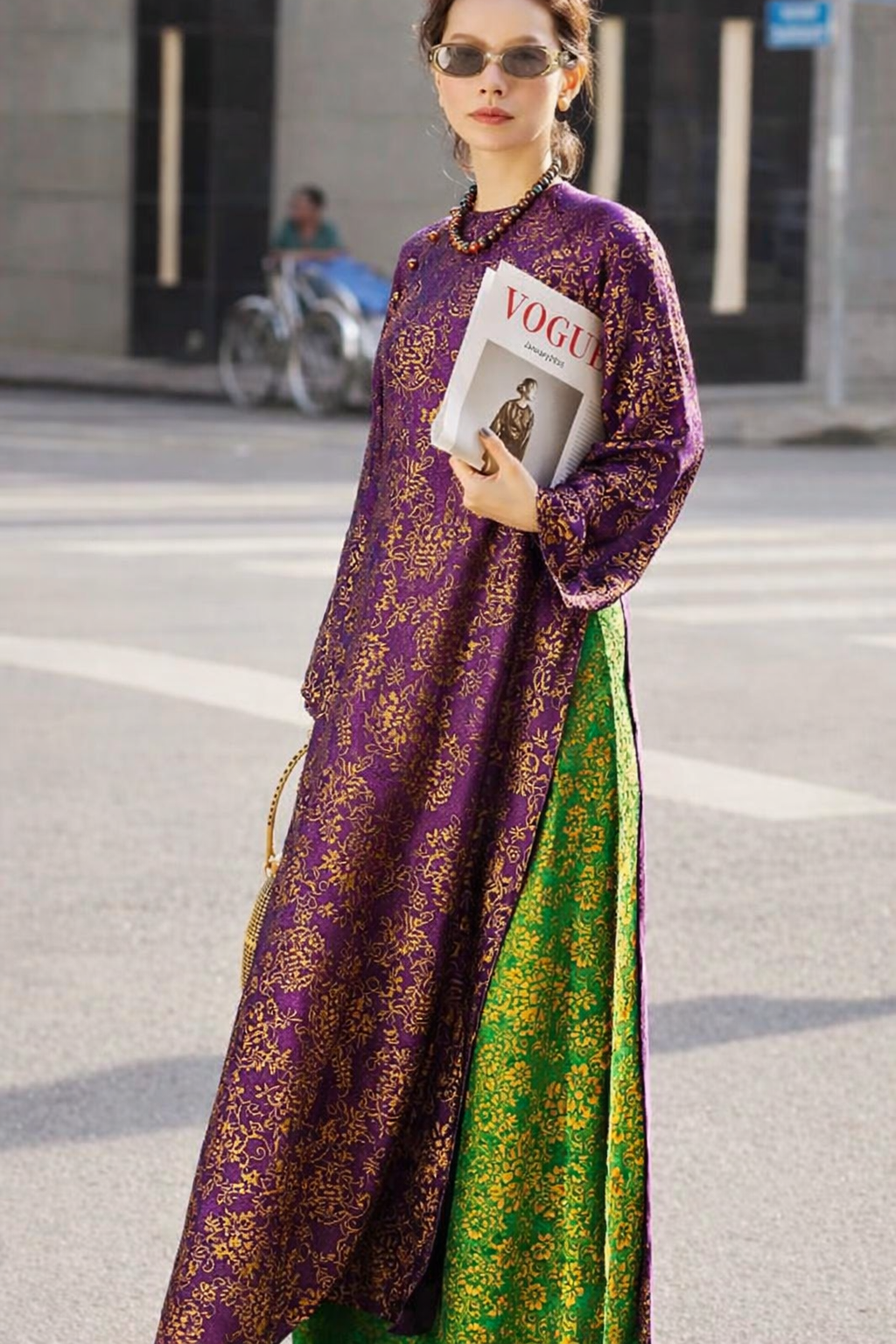 Purple Flowing Kurta with Green Wide-Leg Statement Pants