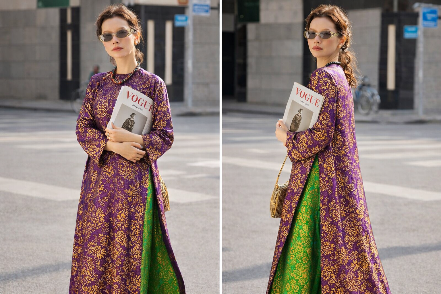 Purple Flowing Kurta with Green Wide-Leg Statement Pants