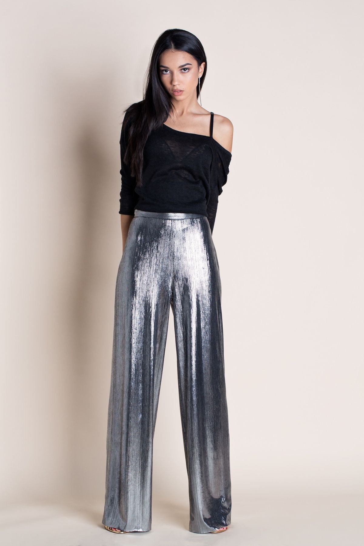 Metallic Silver High-Waist Wide-Leg Pants