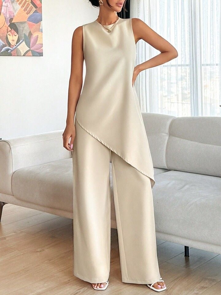 “Peach Asymmetrical Tunic & Wide-Leg Pants Set – Premium Party Wear”