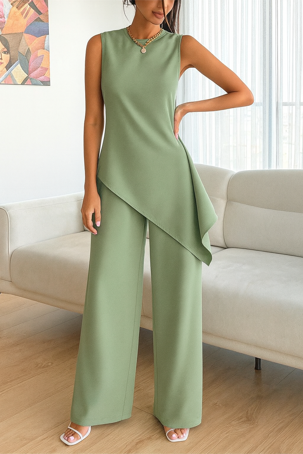 “Peach Asymmetrical Tunic & Wide-Leg Pants Set – Premium Party Wear”