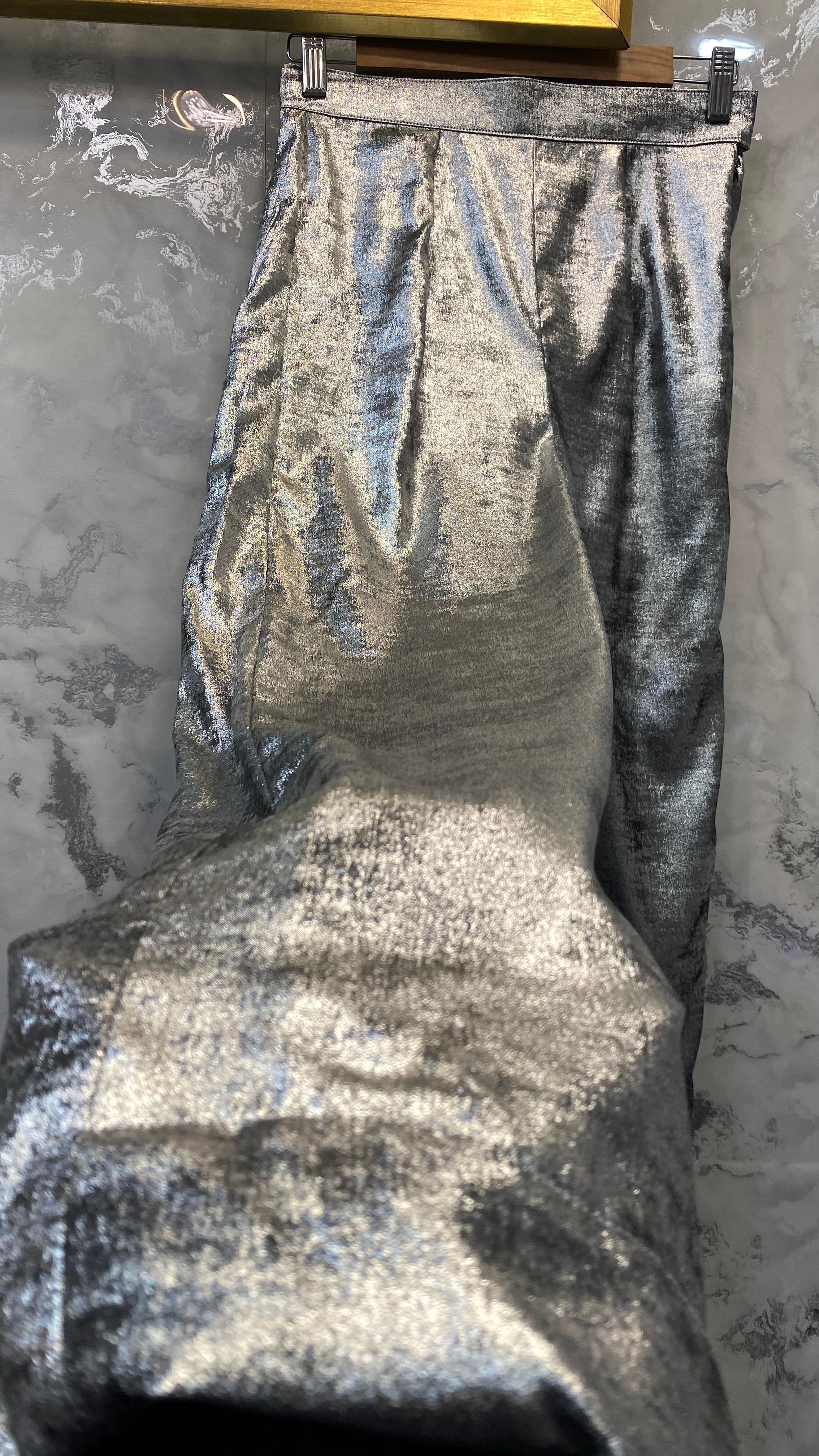 Metallic Silver High-Waist Wide-Leg Pants