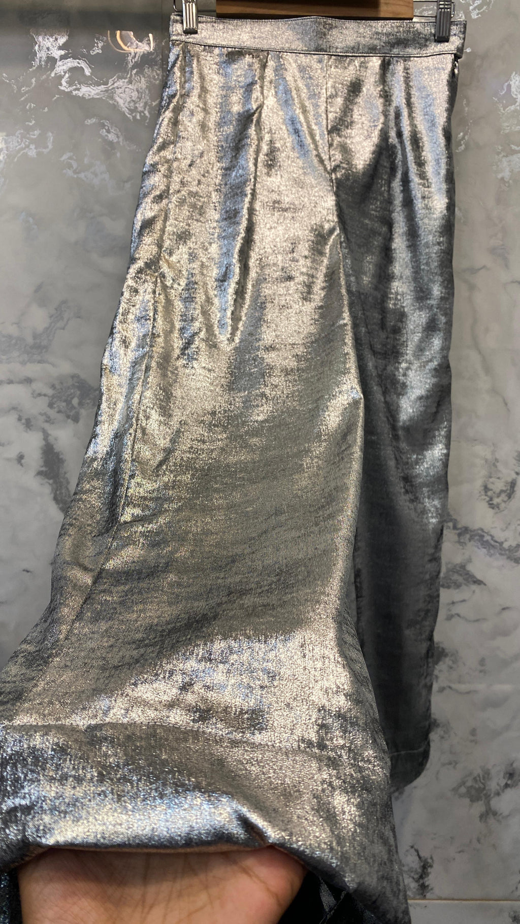 Metallic Silver High-Waist Wide-Leg Pants