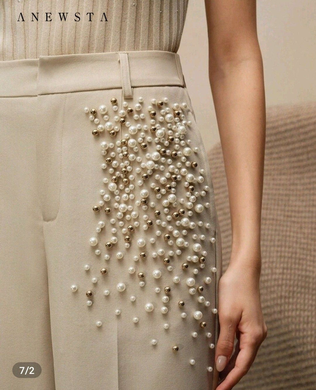 Ivory Pearl Embellished Wide-Leg Pants