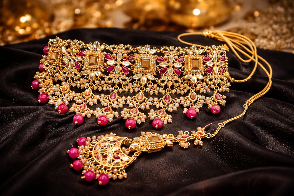 Pearl Bridal Choker Set with Maang Tikka