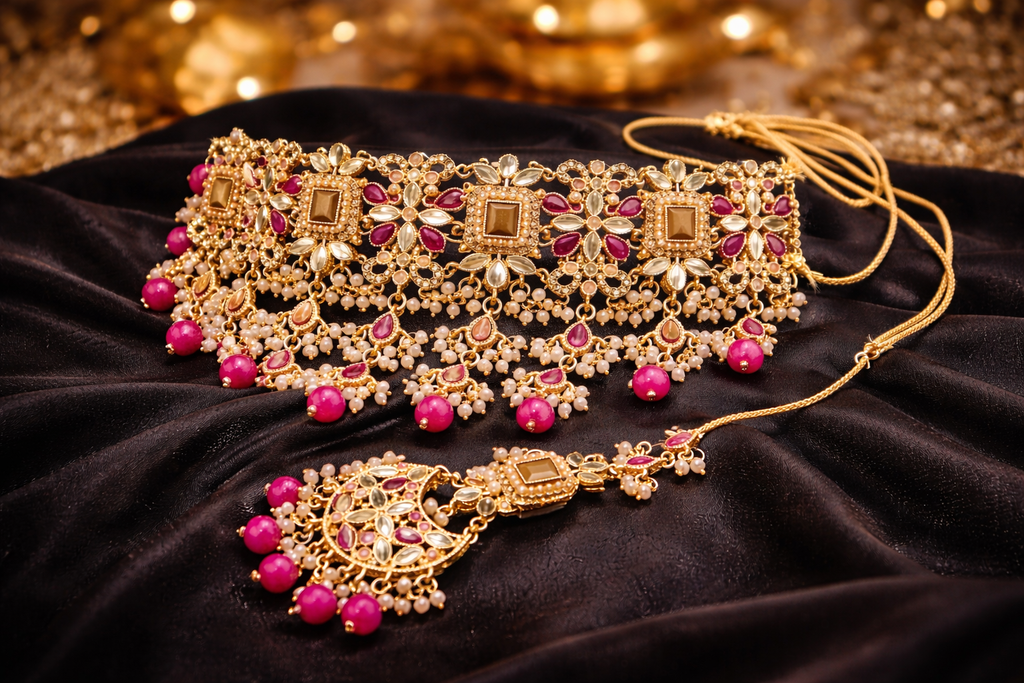 Pearl Bridal Choker Set with Maang Tikka