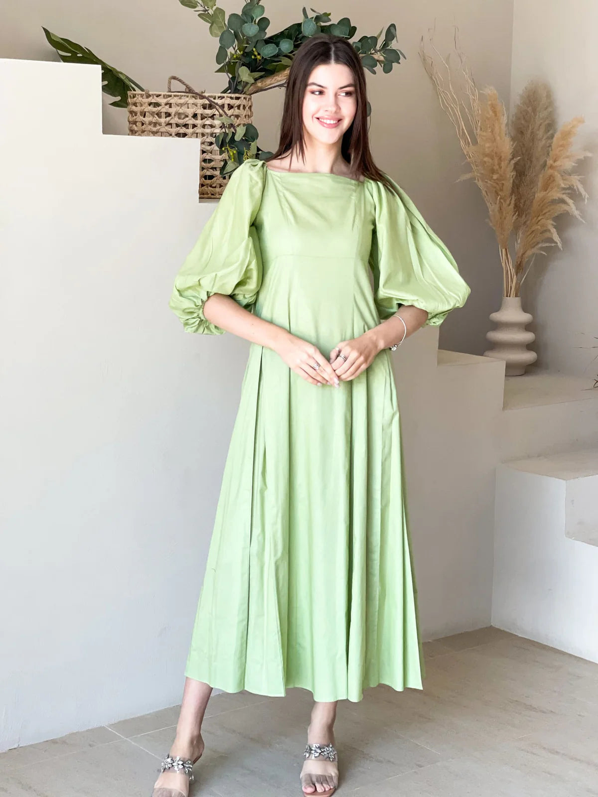 Ruby Green Box Pleat Long Dress