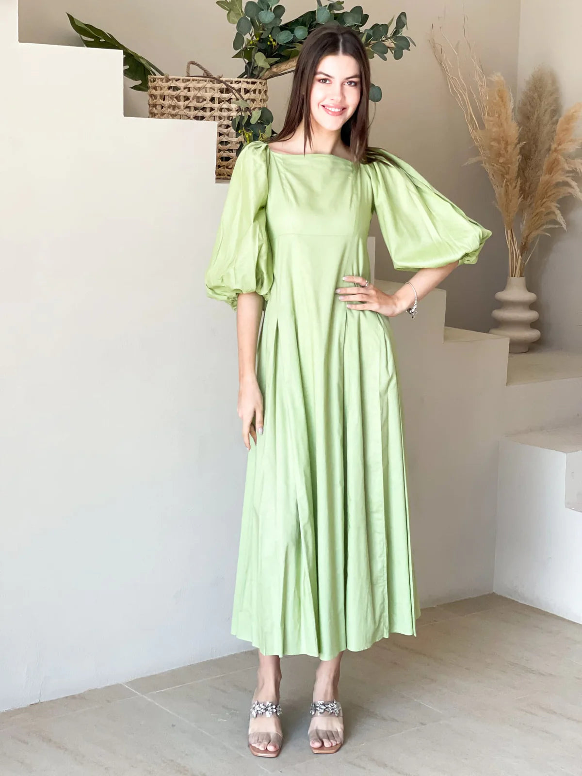 Ruby Green Box Pleat Long Dress