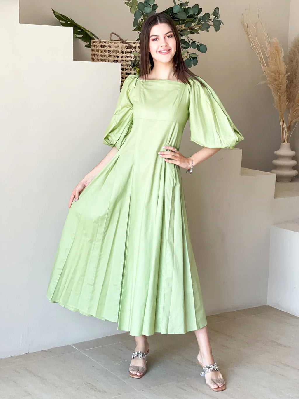 Ruby Green Box Pleat Long Dress