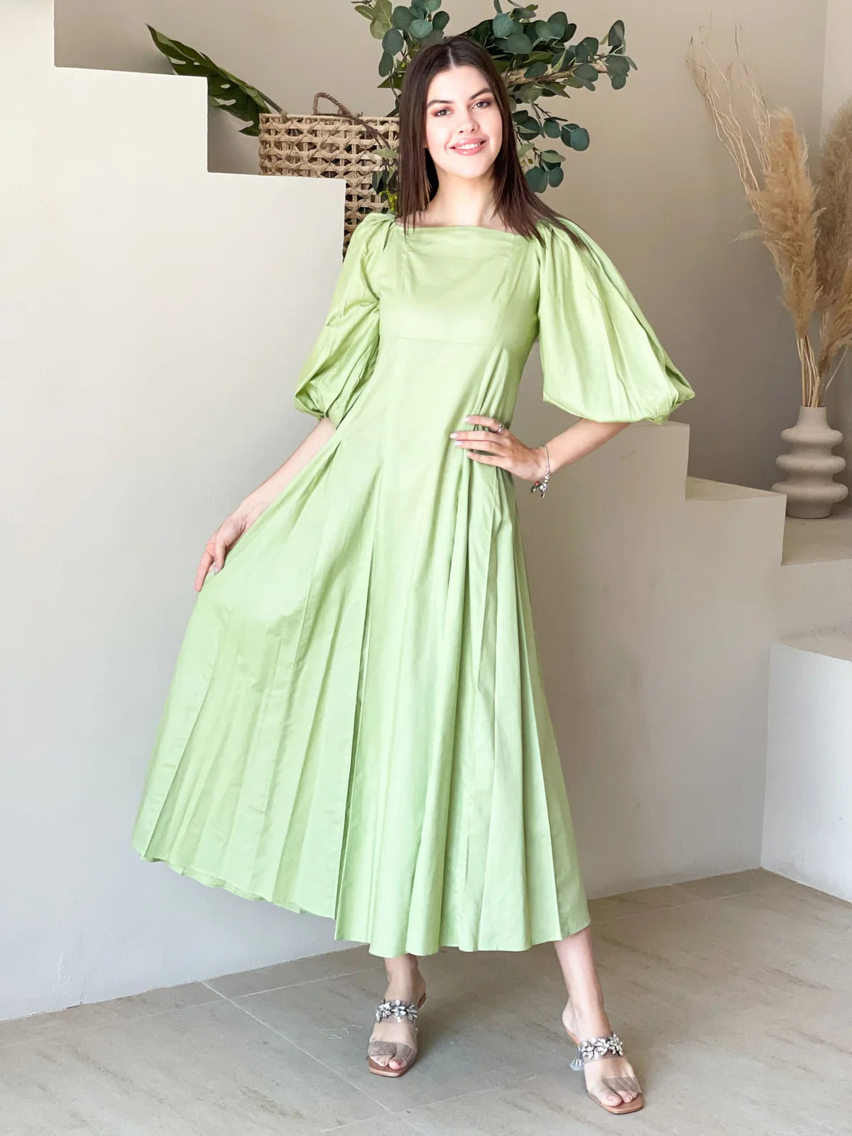 Ruby Green Box Pleat Long Dress