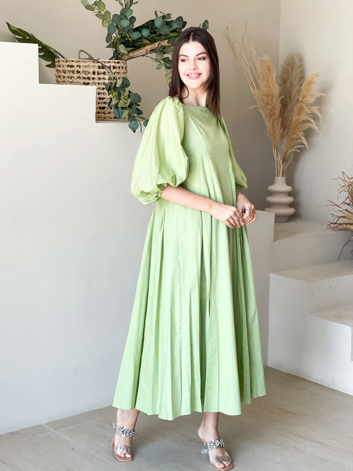 Ruby Green Box Pleat Long Dress