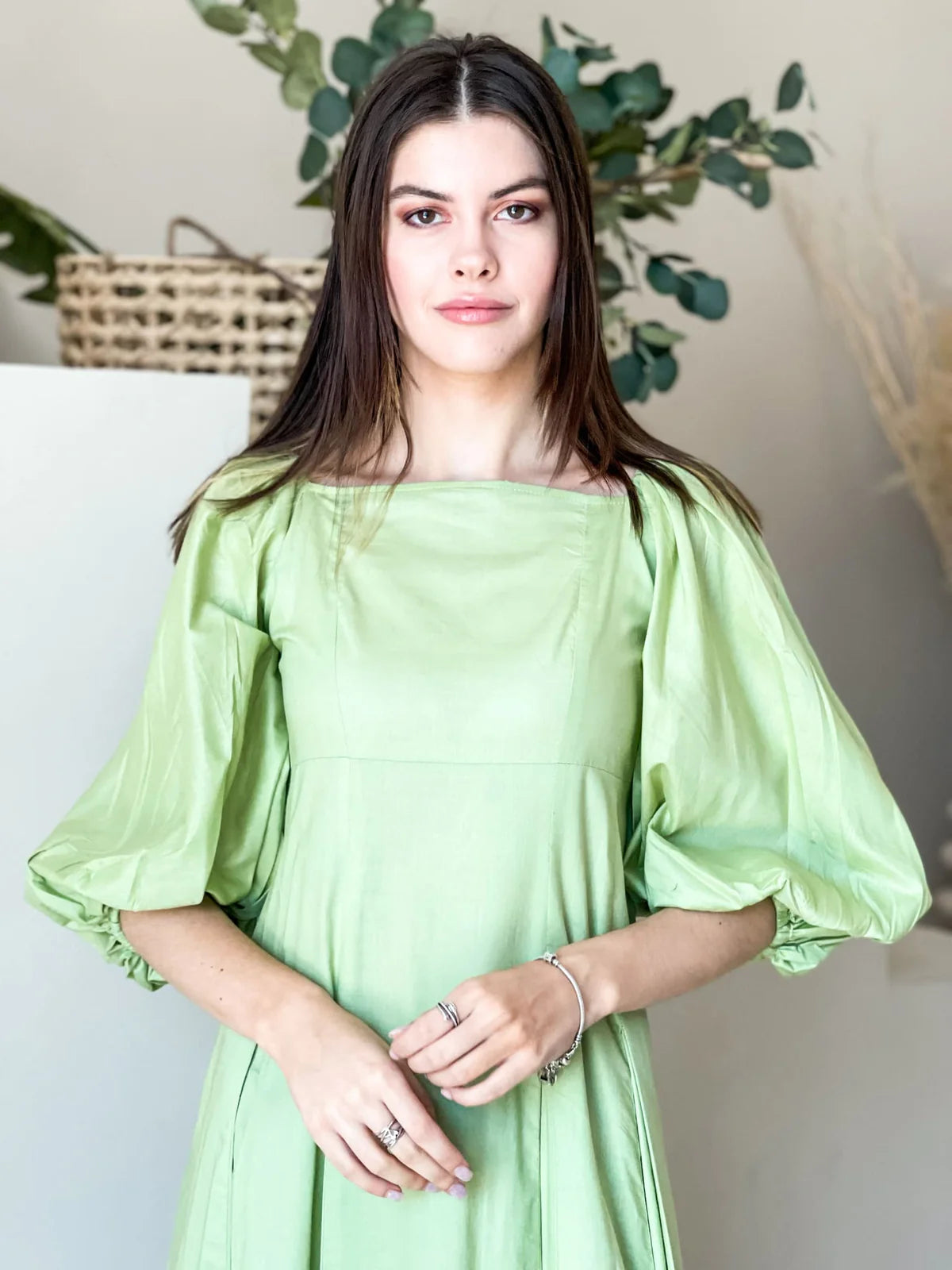Ruby Green Box Pleat Long Dress