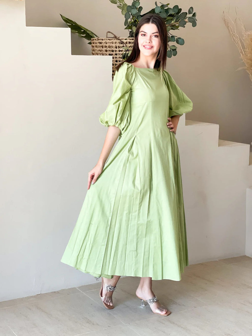Ruby Green Box Pleat Long Dress