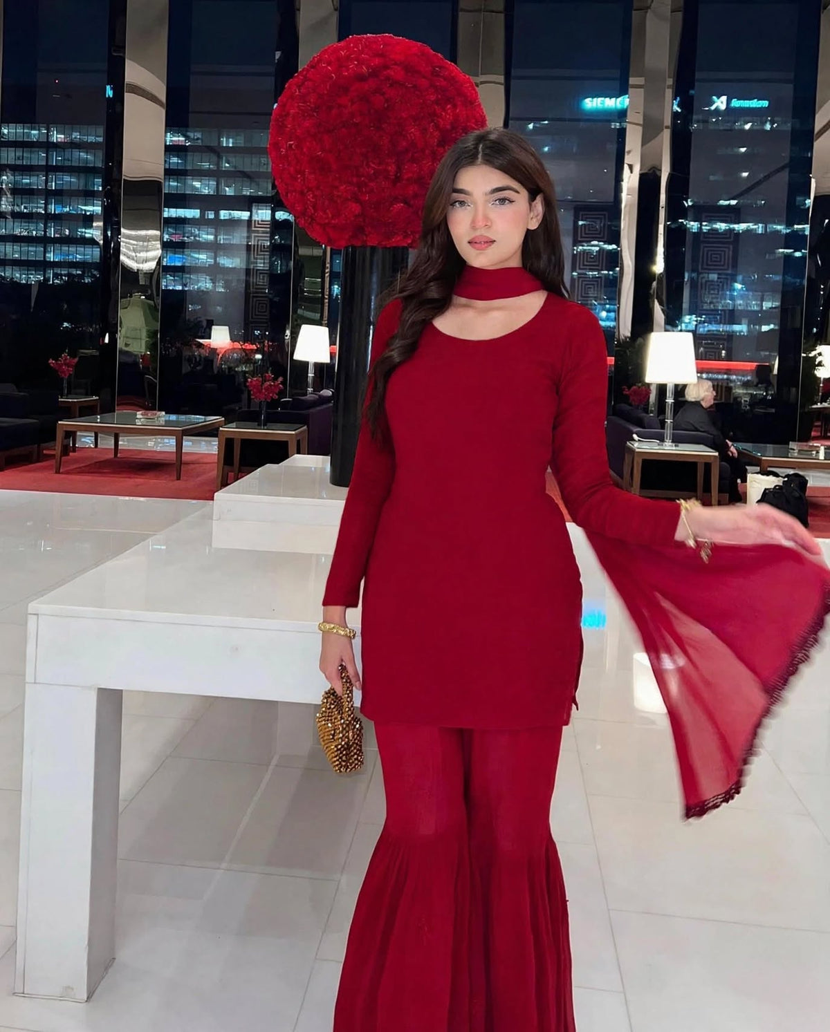 Solid Red Choker Kurta with Flared Gharara - Plain Daily Wear